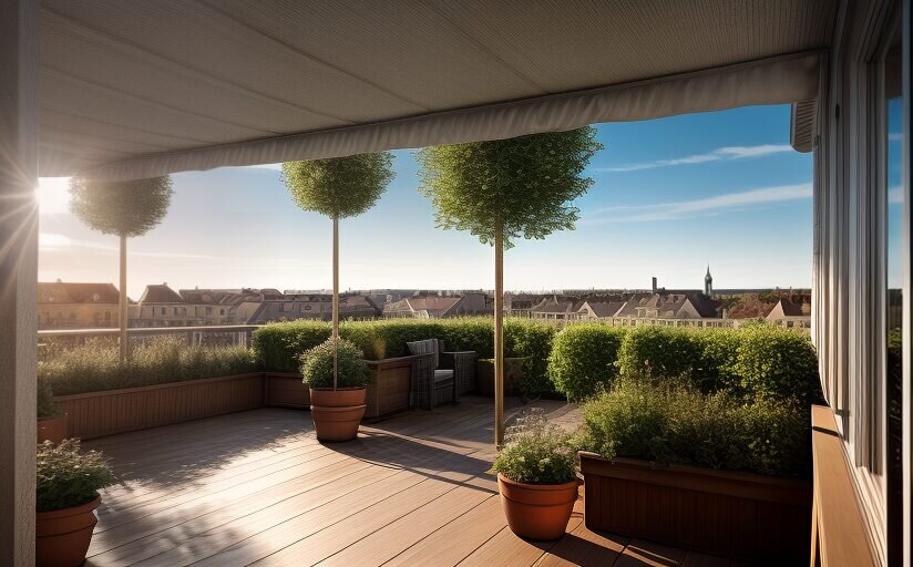 Dachterrasse mit einer Markise Sonnige Dachterrasse mit Pflanzen und Stadtblick