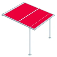Detailansicht einer roten Terrassenüberdachung mit Aluminiumrahmen und Befestigungselement